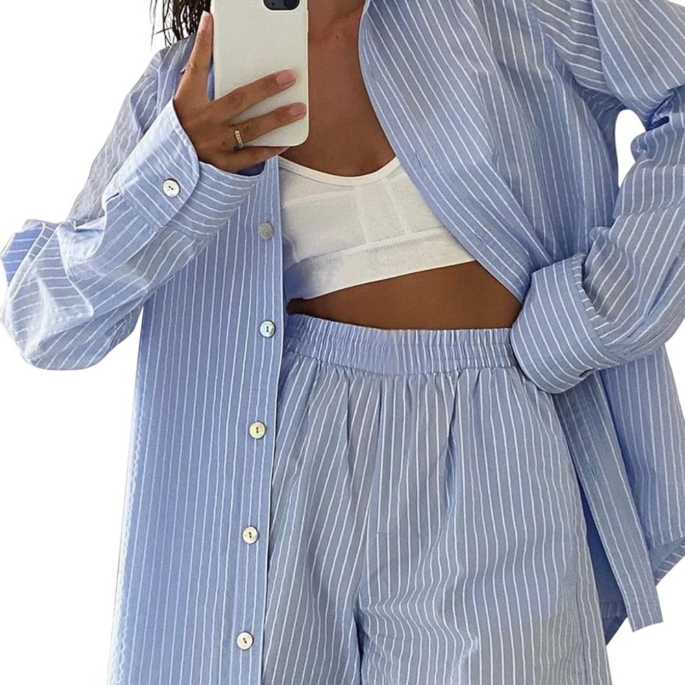 Blue Striped Women's Shirt and Shorts Set